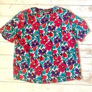 Women’s Size 12 Floral Top Notations Brand Pink Purple Blue Flowers Print Large